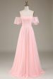 Blush Pink A-Line Off the Shoulder Chiffon Long Bridesmaid Dress Discount