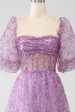 A-Line Square Neck Purple Corset Prom Dress with Half Sleeves Online