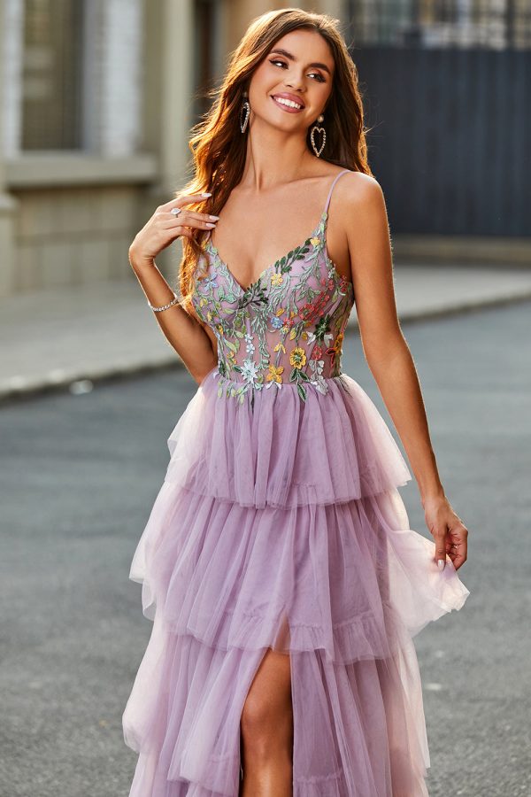 A-Line Tulle Long Corset Tiered Mauve Prom Dress With Appliques Sale