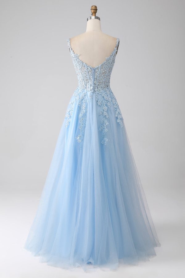 A-Line Light Blue Corset Prom Dress with Appliques Hot on Sale