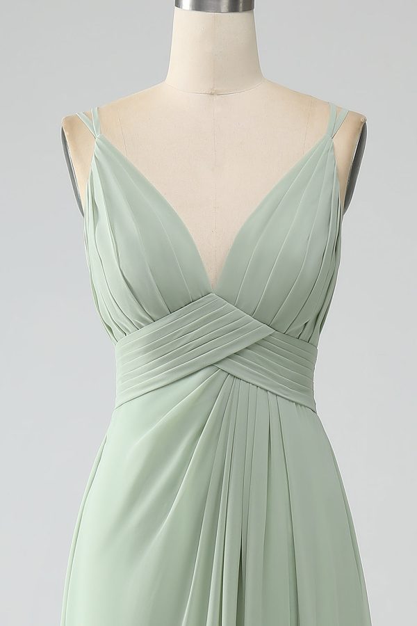 Dusty Sage A-Line Spaghetti Straps Pleated Chiffon Long Bridesmaid Dress Discount