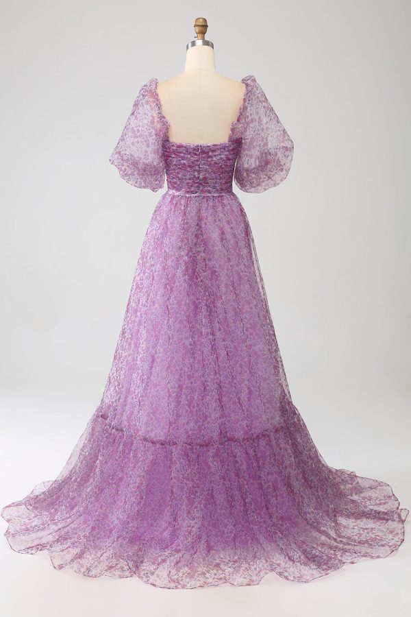 A-Line Square Neck Purple Corset Prom Dress with Half Sleeves Online