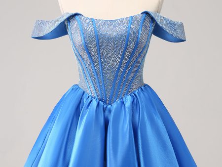 Sparkly Blue A-Line Off the Shoulder Beaded Satin Homecoming Dress Online Hot Sale