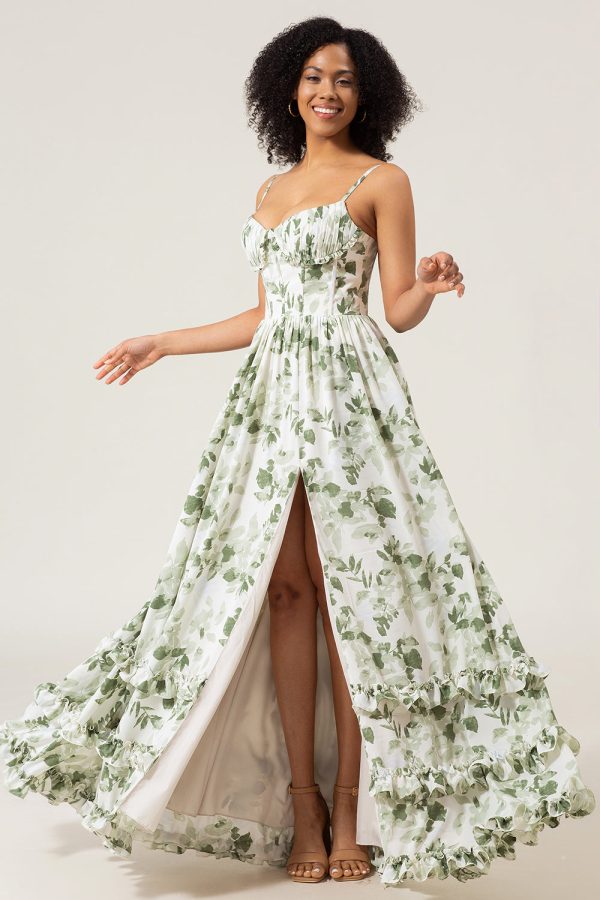 A-Line Spaghetti Straps Green Printed Long Prom Dress With Slit For Sale