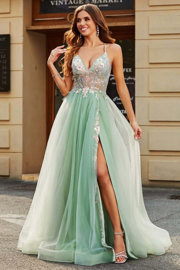 A-Line V Neck Floor-Length Beaded Tulle Light Green Prom Dress with Slit For Cheap