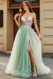 A-Line V Neck Floor-Length Beaded Tulle Light Green Prom Dress with Slit For Cheap