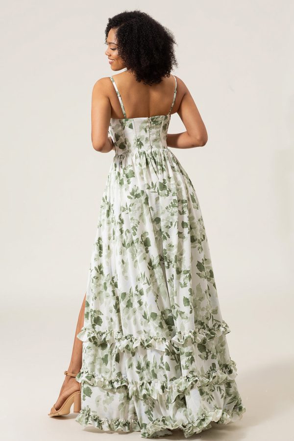 A-Line Spaghetti Straps Green Printed Long Prom Dress With Slit For Sale