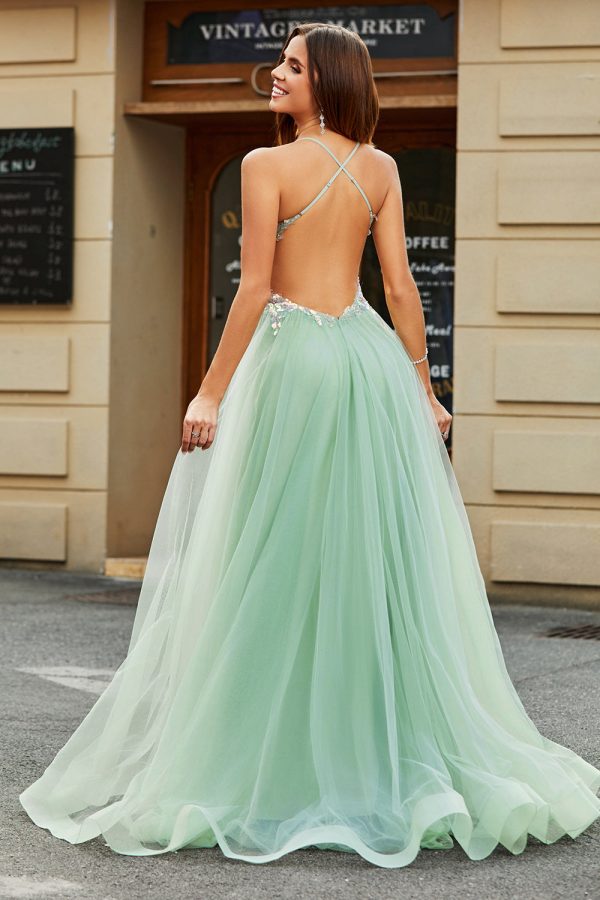 A-Line V Neck Floor-Length Beaded Tulle Light Green Prom Dress with Slit For Cheap