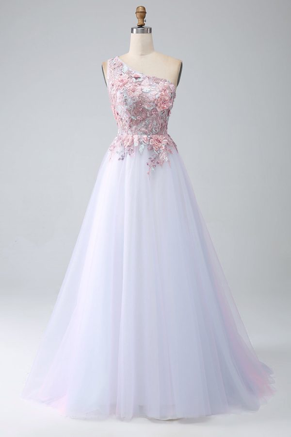 A-Line One Shoulder Pink Prom Dress with Appliques Hot on Sale