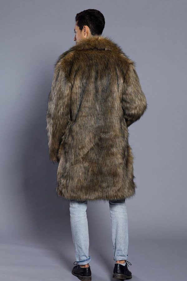 Brown Lapel Neck Long Men Faux Fur Coat Online now